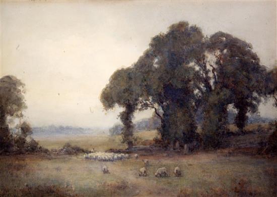 Albert Ernest Brockbank (1862-1958) Landscape with shepherd and sheep 15 x 22in.